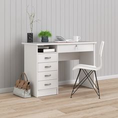 a white desk with drawers and a chair next to it on a wooden floor in front of a wall