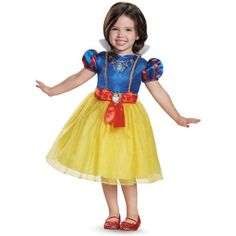 Give your little princess an absolutely magical Halloween with this precious Snow White Child Costume. This adorable costume features a dress with striped puffed sleeves, stand-up collar, sparkly yellow tulle skirt, character cameo and golden trim. This little fairytale cutie will be all smiles in this lovely Disney Princess Costume. Child small fits sizes 4-6. Size: 4-6. Color: Blue. Disney Princess Fancy Dress, Snow White Toddler, Disney Kızları, Snow White Halloween Costume, White Halloween Costumes, Disney Princess Toddler, Disney Princess Costumes, Snow White Dresses, Snow White Costume