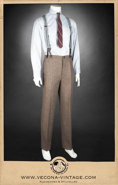 "Prohibition might be over but the jazz age style of the 1920s is present as ever! The high waistband with fishtail back and cinchback are the striking details of these splendid trousers. They feature a buttoned fly, welt pockets and tapered legs. High-quality art déco lining provides comfort and an elegant drape. Six buttons at the outside of the waistband are already in place. You only have to choose your favorite pair of suspenders. Complete these trousers with the matching waistcoat and jack Suspenders Outfit Men, 1920s Outfit Ideas, Little Shop Of Horrors Costume, 1920s Suits, Outfits 20s, 1920s Outfit, Historical Clothing Patterns, Suspenders Outfit, Circus Vintage