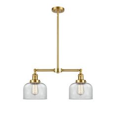 two light brass chandelier with clear glass shades