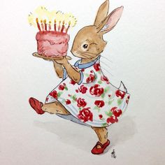 a drawing of a rabbit holding a cake