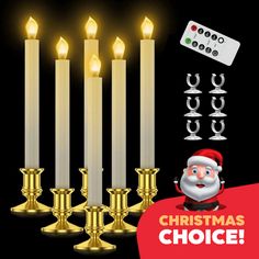 a christmas candle with candles and remotes in front of it, on a black background