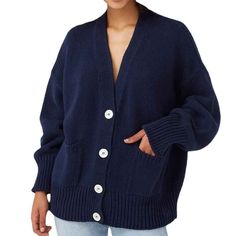 Dark-Blue-Womens-Long-Sleeve-Cable-Knit-Button-Cardigan-Sweater-Open-Front-Outwear-Coat-with-Pockets-K022 Chunky Sweater Cardigan, Pink Cardigan Sweater, Knit Sweater Coat, Cardigan For Women, Outwear Coat, Solid Sweaters, Knitwear Fashion, Cardigan Sweaters For Women, Loose Sweater