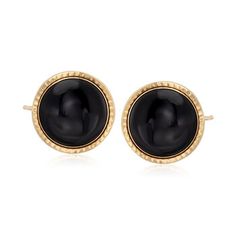 Ross-Simons - 12mm Black Onyx Stud Earrings in 14kt Yellow Gold. So classic. And so chic. This pair of black onyx stud earrings is just right for the office and so sophisticated at night. Here, 12mm black onyx cabochons are set in ridged 14kt yellow gold. Post/clutch, black onyx stud earrings. Stones Earrings Gold, Pearl Lariat Necklace, Stones Earrings, Halo Diamond Earrings, Pearl Strands Necklace, Diamond Tennis Necklace, Black Onyx Earrings, Mens Gold Bracelets, Halo Earrings