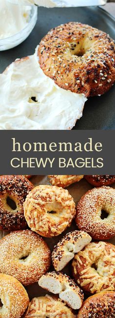 homemade cheesy bagels with cream cheese on top and in the background, there is a plate full of bagels