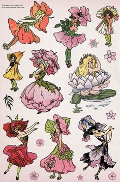 an image of many different types of flowers and fairy characters on a white paper background