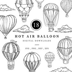 Hotairballoon Drawing, Hot Air Balloon Doodle, Hot Air Balloon Sketch, Vintage Doodles, Digital Art Black And White, Hot Air Balloon Illustration, Ballon Illustration, Air Balloon Clipart, Hot Air Balloon Drawing