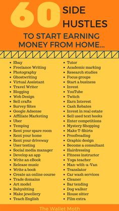 an orange and yellow poster with the words 60 side hustles to start earning money from home