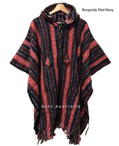 💯% Cotton Handloomed in Nepal Ponchos have been a stable part of festival life for many years. They offer great warmth, are very comfortable and come in many colours to accommodate most peoples tastes. We are proud to bring you our thick weave cotton unisex ponchos that are handmade in Nepal. An allrounder all season outdoor gear for surfing festivals hunting and camping for little colder weather. This poncho have hoodie and front pocket to carry your keys mobile and wallets when you are out and inside ties to secure the poncho. Measurement:-   Width : 116cm (approx) Length : from shoulder 100cm approx) Weight:1.10kg Features:- * Handmade in Nepal  * 💯% Heavy duty cotton fabric  * Opened sides with cotton tie ups * Pocket in the front centre * One size fits most people  CARE: Hand wash i Casual Brown Poncho For Festival, Traditional Red Poncho For Fall, Traditional Red Fall Poncho, Traditional Cotton Poncho For Fall, Casual Hooded Poncho For Festival, Folk Style Red Poncho For Winter, Traditional Poncho For Beach In Fall, Traditional Red Poncho For Festivals, Traditional Summer Poncho For Festivals