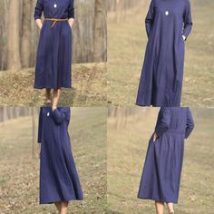 Blue Linen Long Sleeve Midi Dress, Blue Linen Long Sleeve Maxi Dress, Blue Long Sleeve Linen Midi Dress, Womens Dresses Casual, Kaftan Women, Minimalist Dress, Dress Dark Blue, Dress Minimalist, Printed Shoes