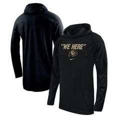 Represent your beloved Colorado Buffaloes with the Men's Nike Black Colorado Buffaloes We Here Performance Hoodie Long Sleeve T-Shirt. This hoodie proudly displays the Colorado Buffaloes logo, showcasing your unwavering support for the team. Its screen print graphics and rounded droptail hem add a touch of style to your game day attire. Whether you're cheering from the stands or simply showing your Buffaloes pride, this hoodie is the perfect way to represent your team in comfort and style. Buffalo Logo, Buffalo Games, Colorado Buffaloes, Nike Tshirt, Nike Black, Men's Nike, Long Sleeve Hoodie, Screen Print, Black Nikes