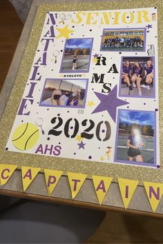 a table topped with pictures and bunting next to a sign that says senior year