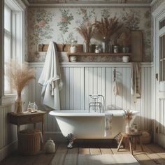 an old fashioned bathtub in a bathroom with floral wallpaper and wooden flooring