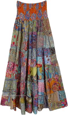 Soft Flowy Skirt with Smocked Waist in Assorted Prints! These gorgeous printed skirt feature a relaxed, flowy silhouette with an elasticized smocked waistband that moves with you. The loose-fit skirt has a comfortable waist that will fit a small to an extra large. #tlb #Patchwork #Printed #bohemianfashion #festivalskirtoutfit Casual Tiered Patchwork Skirt, Casual Tiered Skirt With Patchwork, Summer Patchwork Maxi Skirt, Spring Floral Patchwork Maxi Skirt, Bohemian Skirted Patchwork Bottoms, Bohemian Patchwork Skirted Bottoms, Casual Long Skirt With Floral Patchwork, Summer Floral Patchwork Maxi Skirt, Patchwork Maxi Skirt For Summer