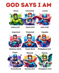 an image of some cartoon characters with the words, god says i am and six different versions