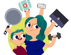 a woman and child are holding up their arms in the air while looking at an electronic device