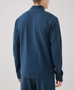 Men's French Navy Stretch French Terry Track Jacket L. Super soft organic men's Stretch French Terry Track Jacket from Wear PACT. Fair Trade Factory. GOTS Certified Organic Cotton Solid Half-zip Outerwear For Loungewear, Half-zip Loungewear Outerwear, Relaxed Fit Half-zip Outerwear With Ribbed Collar, Relaxed Fit Half-zip Outerwear With Ribbed Cuffs, Funnel Neck Outerwear With Ribbed Cuffs For Loungewear, Relaxed Fit Half-zip Outerwear For Loungewear, Sporty Loungewear Outerwear With Funnel Neck, Half-zip Cotton Outerwear With Pockets, Cotton Half-zip Outerwear With Ribbed Collar