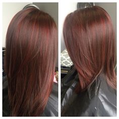 Red lowlights with brown between the foils! Brown Hair With Red Highlights, Brown Hair With Red, Highlights In Brown Hair, Hair With Red Highlights, Red Highlights In Brown Hair, Red Blonde Hair, Hair Highlights And Lowlights, Jenifer Aniston, Red Brown Hair