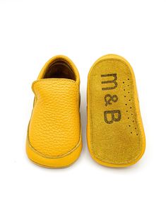 Yellow Slip-on Moccasins With Rubber Sole, Yellow Moccasins With Rubber Sole And Round Toe, Yellow Round Toe Moccasins With Rubber Sole, Leather Non-slip Slip-on Moccasins, Leather Slip-on Non-slip Moccasins, Casual Leather Moccasins For Playtime, Yellow Leather Moccasins With Rubber Sole, Yellow Leather Slip-on Moccasins, Yellow Leather Round Toe Moccasins