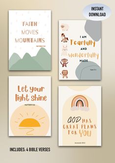 four cards with bible verses on the front and back, including an image of mountains,