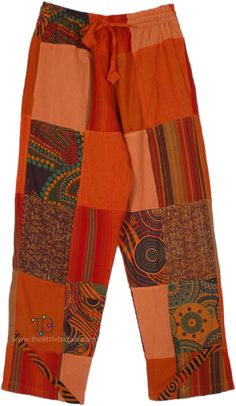 Patchwork cotton pants for summer, chic, boho, unrestricted; these are enviro-friendly with their recycled patchwork design and a pocket on either side. The color tone is mainly burnt orange as also coloring effects from assorted patchwork with different colors like blue, purple, orange on different patchwork prints, etc. #tlb #Patchwork #vacationclothing #beachwrap #Handmade #Unisexbohopants #FestivalPants #patchworkpants #hippiecottonpants Harem Pants Outfit, Vintage Harem Pants, Orange Clothing, Pants For Summer, Patchwork Trousers, Patchwork Pants, Festival Pants, Hippie Look, Trendy Skirts