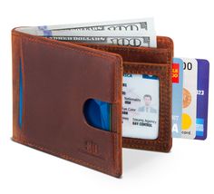 a leather wallet with two credit cards in it and one has a blue card slot