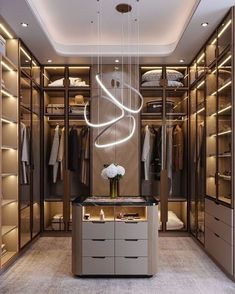 a walk in closet with lights and drawers