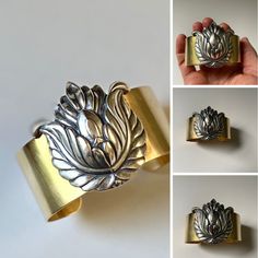 #yogajewelry #lotusbracelet #lotusflower #statementcuff #artnouveau #silverandgold #largebraceletcuff #goldcuff #greatgatsby #biggoldcuff #zenjewelry #ombracelet #lotusblossom #minusonejewelry #bohojewelry #1970s #vintagestyle #discojewelry #artdecojewelry #downtonabbey #gatsbywedding Elegant Bronze Cuff Bracelet As Gift, Elegant Bronze Metal Cuff Bracelet, Handmade Brass Silver Cuff Bracelet, Handmade Silver Brass Cuff Bracelet, Elegant Hand-cast Cuff Jewelry, Elegant Silver Brass Cuff Bracelet, Handmade Brass Elegant Cuff Bracelet, Handmade Elegant Brass Cuff Bracelet, Silver Brass Cuff Bracelet As Gift