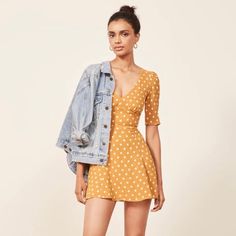 Super Flattering Yellow And White Polka Dot Mini Dress. Worn Once And In Perfect Condition! Yellow Fitted Mini Dress, Yellow Fitted Short Sleeve Dress, Yellow Fitted Mini Dress For Day Out, Fitted Yellow Mini Dress For Day Out, Fitted Yellow V-neck Midi Dress, Spring Mustard V-neck Mini Dress, Spring V-neck Mustard Mini Dress, Mustard Mini Dress For Spring, Mustard Short Sleeve Midi Dress