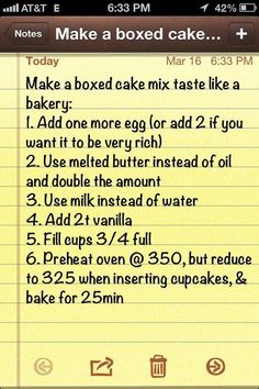 a yellow notepad with instructions on how to make a boxed cake like a bakery