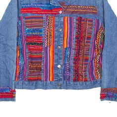 Item is in good used condition. Label says size 2. >Size: M >Armpit To Armpit: 20" >Armpit To Cuff: 19" >Collar To Hem: 22" Multicolor Patchwork Cotton Denim Jacket, Multicolor Cotton Patchwork Denim Jacket, Hippie Patchwork Cotton Denim Jacket, Hippie Cotton Patchwork Denim Jacket, Vintage Multicolor Denim Outerwear, Multicolor Denim Jacket For Festivals, Festival Multicolor Denim Jacket, Bohemian Blue Denim Jacket With Pockets, Casual Blue Denim Jacket For Festival