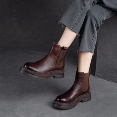 Gender: Women Item Type: Boots Main Material: Cow Leather Style: Casual, Classic, Retro Season: Spring, Autumn Heel Type: Platform Outsole Material: Rubber Heel Height: Mid-Heel (5 cm) Size Length cm inch 35 22.5 8.86 36 23 9.06 37 23.5 9.25 38 24 9.45 39 24.5 9.65 40 25 9.84 Faux Leather Chelsea Boots For Fall, Brown Closed Toe Martin Boots For Work, Fall Leather Martin Boots With High Heel, Brown Closed Toe Chelsea Boots For Winter, Brown Faux Leather Martin Boots For Work, Winter Chelsea Boots With Leather Sole, Leather Martin Boots With High Heels, Leather High Heel Martin Boots For Fall, Fall Faux Leather Platform Boots With Leather Sole