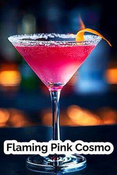 Add a touch of elegance to your gathering with the Flaming Pink Cosmo! This fun and fruity hot-pink cocktail is perfect for any occasion, garnished with a captivating flamed orange zest. #CocktailRecipe #Cosmopolitan #Mixology Hot Pink Cosmopolitan, Pink Moscato Drinks, Alcohol Appetizers, Bartender 101, Flamingo Party Food, Orange Garnish, Cosmopolitan Drink, Hot Pink Cocktails, Pink Cosmo