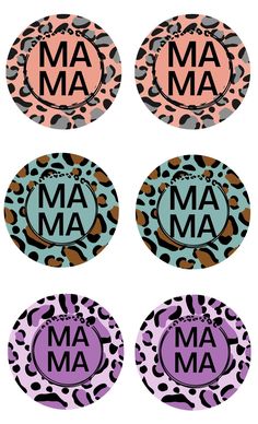 four badges with the words mam on them in different colors and patterns, including leopard print