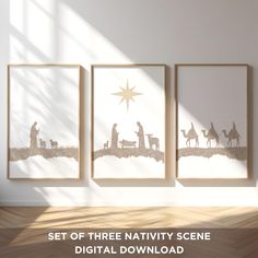 three nativity scene prints on the wall