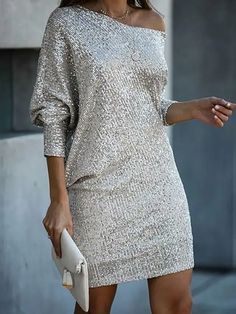 Women's Shift Dress Short Mini Dress White Black Gold Long Sleeve Pure Color Sequins Fall Spring One Shoulder Stylish Hot Prom Dress Party Loose 2022 S M L XL 8822105 2022 – $32.99 Robes Glamour, Mid Skirt, 파티 드레스, Pencil Skirt Dress, Party Kleidung, Mini Party, Sanya, Sparkle Dress, Weave Style