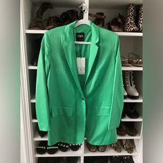 Size X Small- Definite,Y Oversized 1 Button Green Long Sleeve Outerwear With Single Button, Casual Single Button Outerwear For Spring, Spring Green Outerwear With Lapel Collar, Trendy Green Blazer With Lapel Collar, Green Lapel Collar Outerwear For Spring, Classic Green Summer Blazer, Chic Green Blazer For Spring, Casual Green Office Blazer, Green Formal Outerwear For Spring