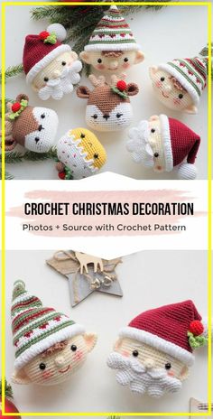 crochet christmas decorations with santa and reindeer hats