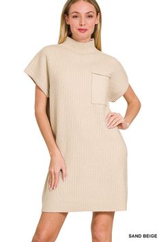 Mock Neck Shirt Sleeve Sweater Dress with Pocket Body Length 33" Chest 44" approx. Measured Using Size Small Beige Sweater Dress, Sweater Mini Dress, Mock Neck Shirt, Fashion Tops Blouse, Short Sleeve Sweater, Mini Sweater Dress, Curvy Dress, Sweater Material, Beige Sweater