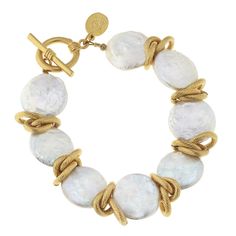 Genuine Freshwater Coin Pearl with Gold Bracelet - Horse Country Trading Company Luxury Statement Pearl Bracelet For Women, Luxury Pearl Bracelet With Oyster Detail, Luxury Oyster Bracelet With Oval Links Jewelry, Luxury Classic Pearl Bracelet With Oyster Clasp, Luxury Timeless Jewelry With Oyster Bracelet, Luxury Statement Pearl Bracelets, Luxury Modernist Jewelry With Oyster Bracelet, Luxury Formal Jewelry With Oyster Bracelet, Luxury Elegant Oyster Bracelet Jewelry