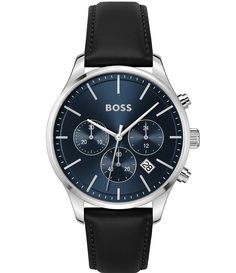 From Hugo Boss&#x2C; this men's watch features:Black leather strapRound stainless steel caseBlue dialTongue buckle closureQuartz chronograph movement Case size approx. 42mmWater resistance: 5BImported. Hugo Boss Men, Boss Men, Leather Strap Watch, Hugo Boss Man, Dillard's, Black Watch, Men's Watch, Hugo Boss, Accessories Watches