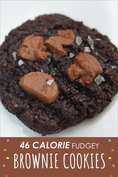 chocolate fudgey brownie cookies on a white plate with text overlay that reads, 4 calorie fudgey brownie cookies