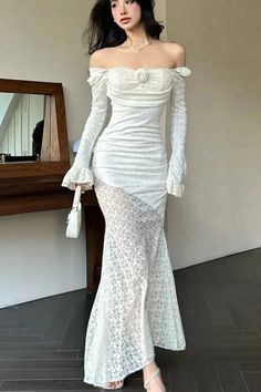 48106524410133|48106524442901|48106524475669 Lace Long Dresses, White Lace Dress Long, Fairycore Dresses, Long Dresses For Women, Spring Birthday, Female Dress, Flare Sleeve Dress, Dress Autumn, Flare Sleeves