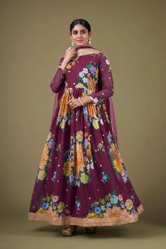 Wine Color Georgette Fabric Digital Printed Classic Anarkali Suit Transitional Festive Georgette Anarkali Set, Floral Print Georgette Anarkali Set Maxi Length, Floor-length Georgette Anarkali Set With Printed Motifs, Floor-length Floral Print Anarkali Set In Georgette, Anarkali Suits Simple, Floral Print Georgette Anarkali Set, Simple Sarees, Anarkali Suit, Purple Fabric