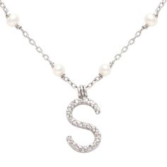 Pearls and Diamonds Initial Necklace by Kury - Available at SHOPKURY.COM. Free Shipping on orders over $200. Trusted jewelers since 1965 Diamond Initial Necklace, Pearl Chain Necklace, Necklace Initial, Silver Chains, Initial Pendant, Pearl Chain, Initial Charm, Silver Pearls, Initial Necklace