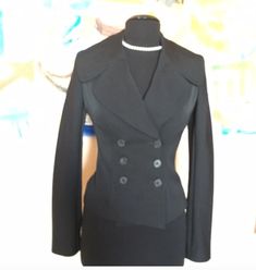 "Beautiful ALAIA double breasted short blazer with stunning wide collar and lapels. Very professional fitted cut. In excellent, mint condition. Marked size 40. Measurements: shoulder 14\"; length 20\"; sleeve length 25\"; chest pit-to-pit 17\"; waist 14.5\". Made in France. Similar Alaia Blazer on sale at Lyst for $1140. My price is firm." Designer Fitted Double Breasted Suit For Work, Fitted Double Breasted Suit For Formal Occasion, Fitted Double-breasted Office Suits, Fitted Double Breasted Suit With Suit Collar For Spring, Designer Fitted Double-breasted Blazer, Spring Double Breasted Fitted Formal Suit, Fitted Double Breasted Suit For Work, Spring Formal Fitted Double Breasted Suit, Spring Fitted Double Breasted Business Suit