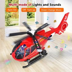 a red helicopter is flying through the air with music notes coming out of its wheels