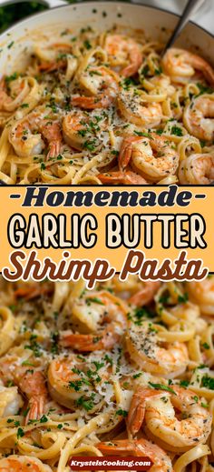 homemade garlic butter shrimp pasta in a skillet