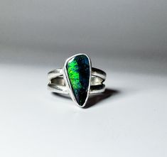 Sterling Silver Flashy green and blue Australian Boulder opal ring US 5 Green Opal Cabochon Ring, Unique Green Opal Ring, Boulder Opal Ring, Solitaire Rings, Australian Boulder Opal, Opal Ring, Boulder Opal, Green And Blue, Opal Rings