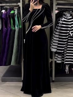 Solid Color Tied Waist A-Line Sequined Long Sleeves Maxi Dresses BLACK-L Black Fairytale Dress, Black Long Sleeve Maxi Dress, Long Sleeve Black Maxi Dress, Modest Dresses Fashion, Winter Typ, Modest Dresses Casual, Fancy Dresses Long, Kurti Designs Party Wear, Muslim Fashion Dress